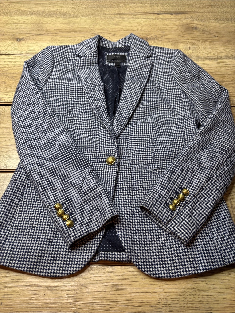Women’s J.Crew Navy and White Wool Blend Houndstooth Blazer with Gold Buttons 4